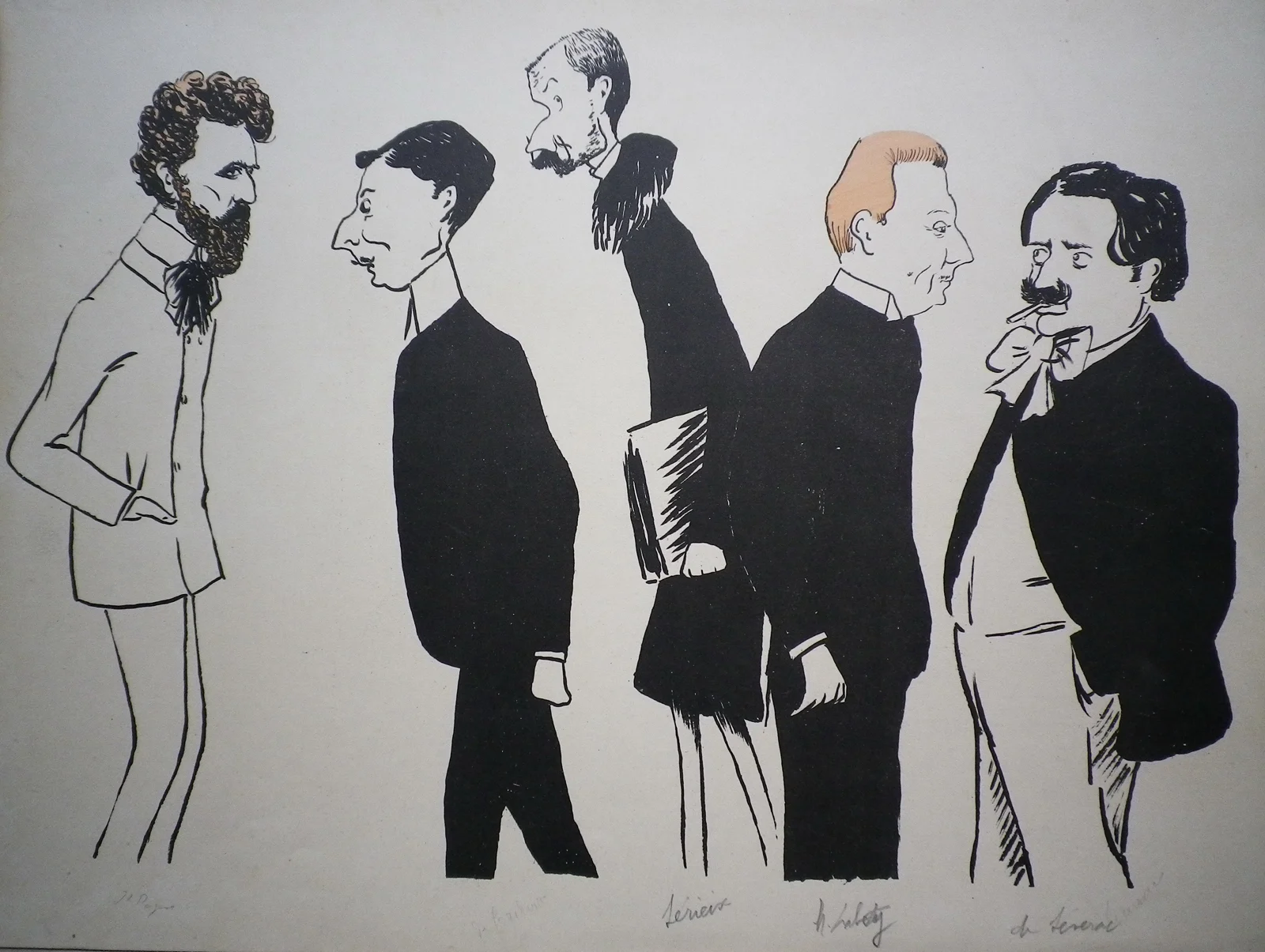 Léon Saint Requier, René de Castera, Auguste Séryex, Marcel Labey et Marie-Joseph Déodat de Séverac — Caricature de Ch. Constantin, 1903