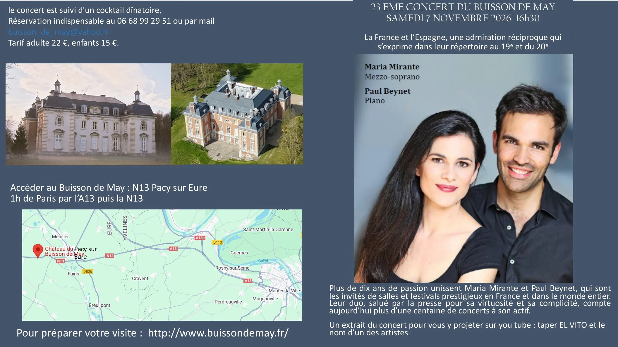 Affiche du 23e concert du Buisson de May, samedi 7 novembre 2026 à 16h30 : Maria Mirante, mezzo-soprano, et Paul Beynet, piano. Tarif adulte 22 euros, enfants 15 euros. Réservation au 06 68 99 29 51 ou à buisson_de_may@yahoo.fr